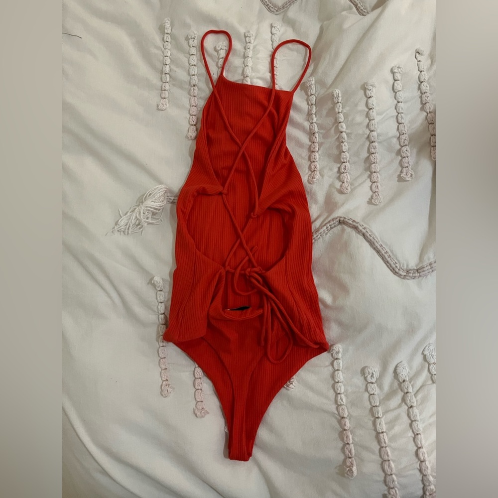Privacy please red strappy open back bodysuit
